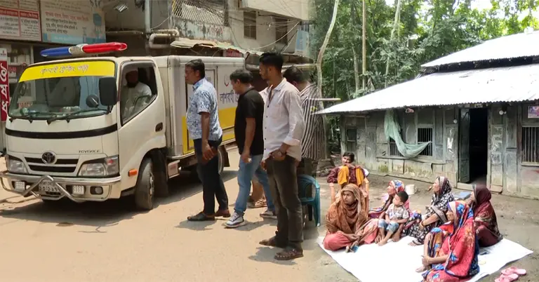 লামিয়ার মরদেহ বহনকারী গাড়ি ও লামিয়ার বসতবাড়ির ছবি
